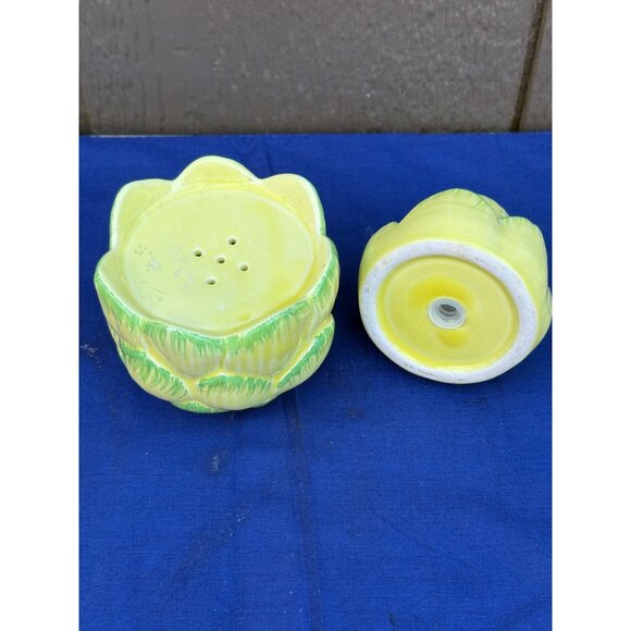 Vintage Haldon Group Artichoke Ceramic Salt Pepper Shaker Set Green Yellow Glaze - Picture 5 of 7
